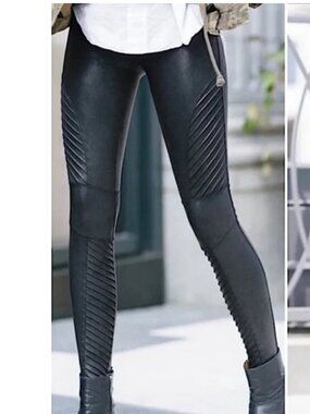 SPANX Faux Leather Moto Leggings Pintuck High Rise Stretch Metallic Black